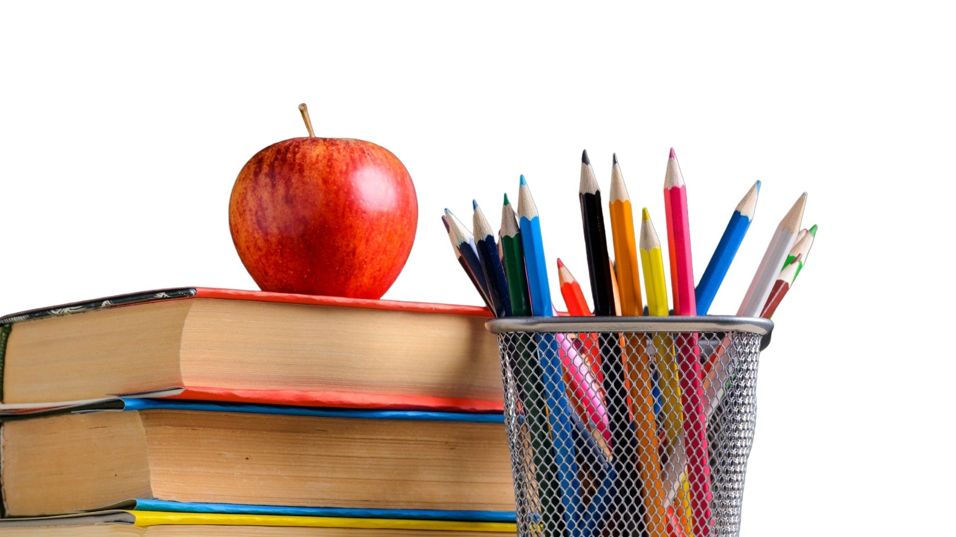 Stack of books with a red apple on top and a container of colorful pencils, representing education and student learning.